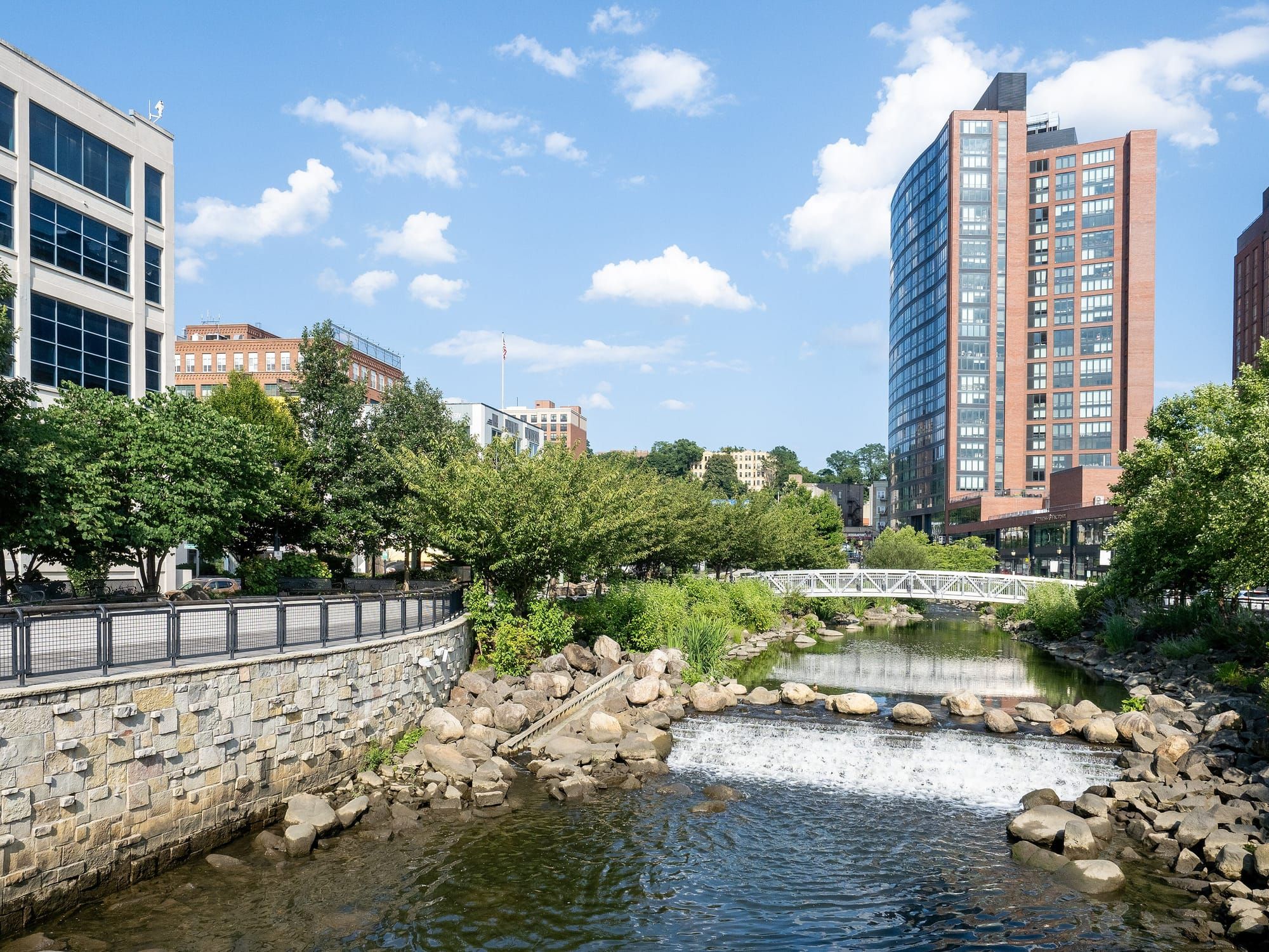The Saw Mill River flowing between apartment towers in downtown Yonkers
